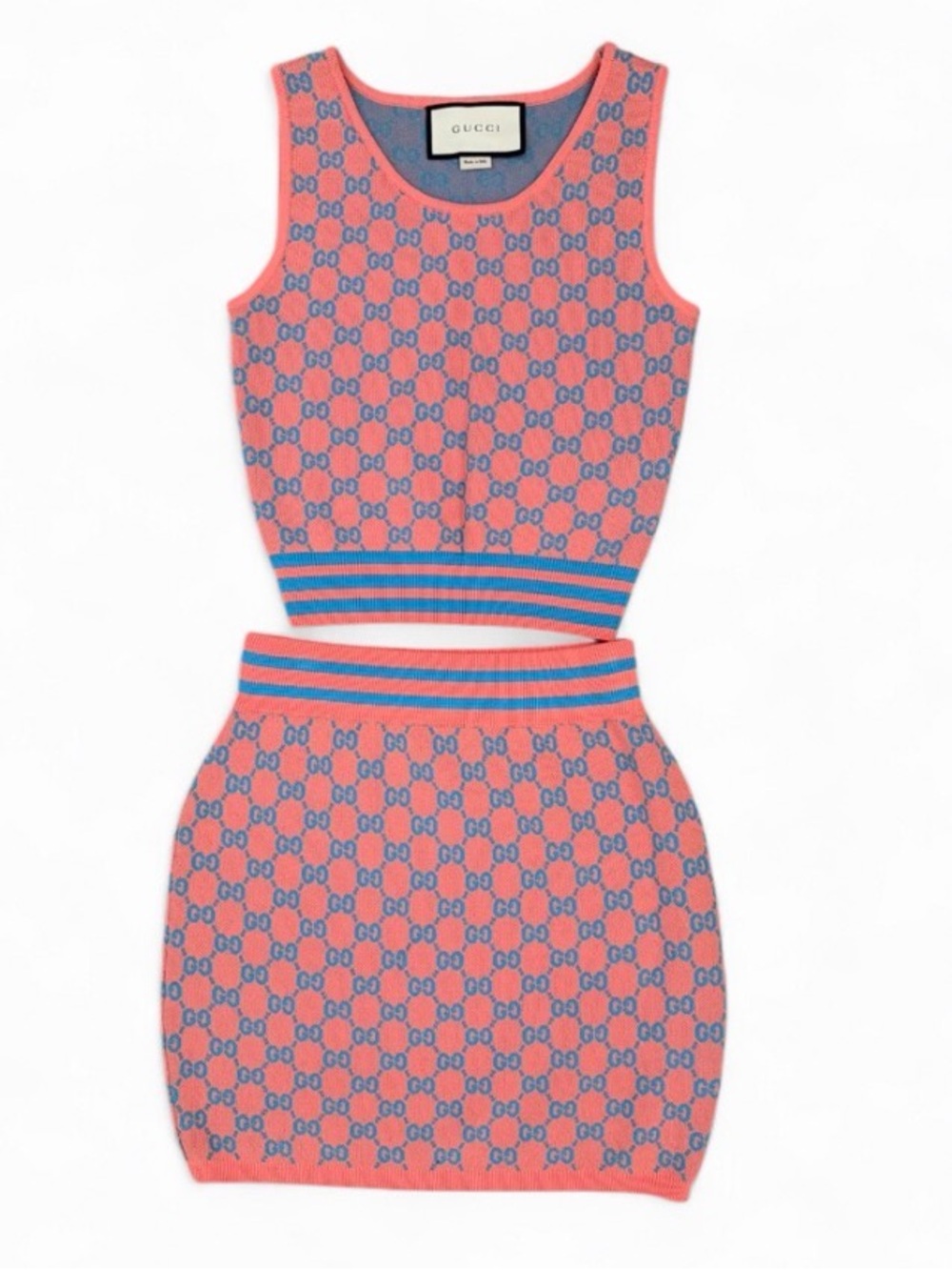 GUCCI Monogram Logo Knit Set - Tank and Skirt Set - Pink and Blue - Size M